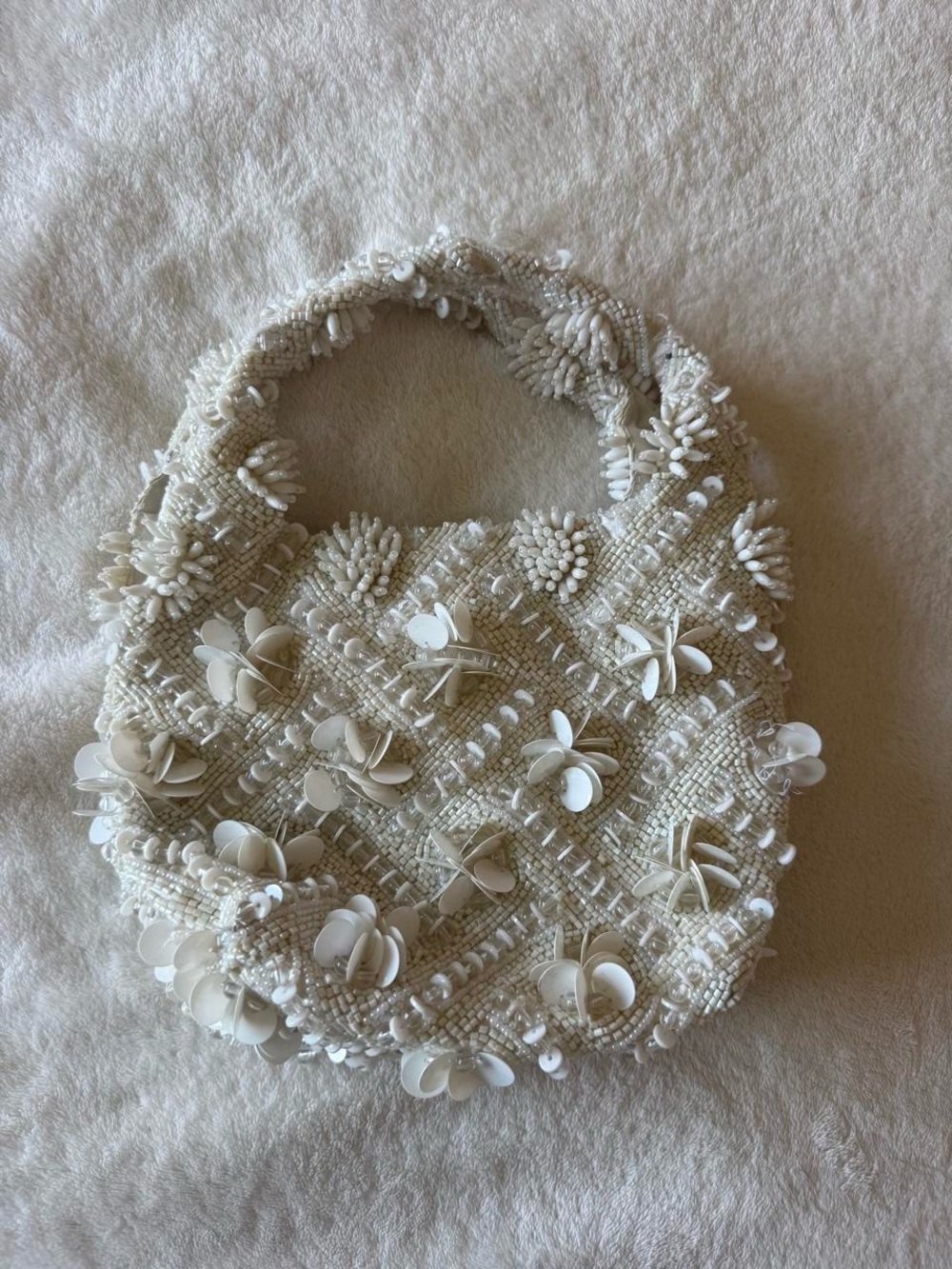 Hand-Beaded Ivory Mini Bag with Floral Appliqué